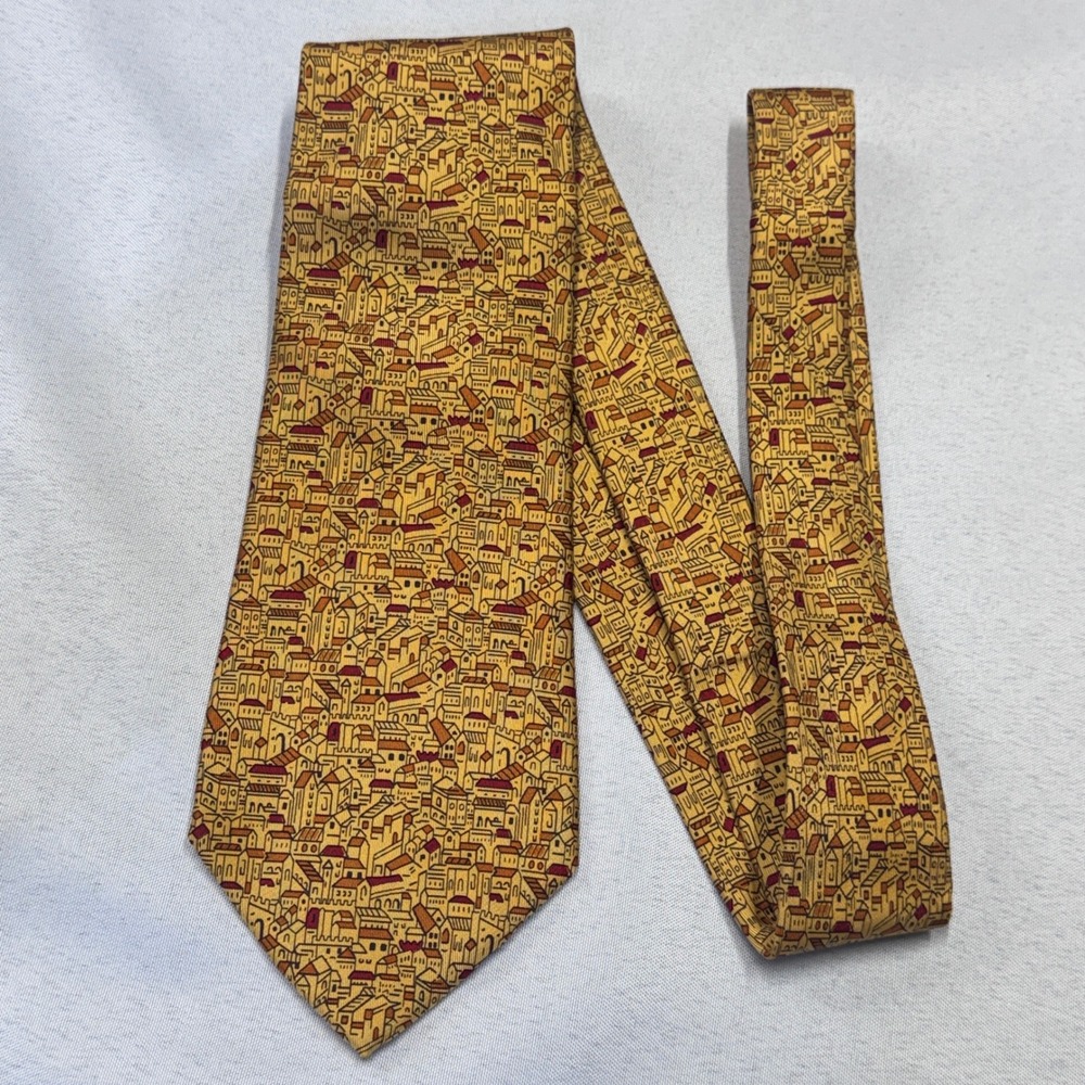 Salvatore Ferragamo Silk Tie Mens OS Yellow Village Cityscape Print Italy Luxury